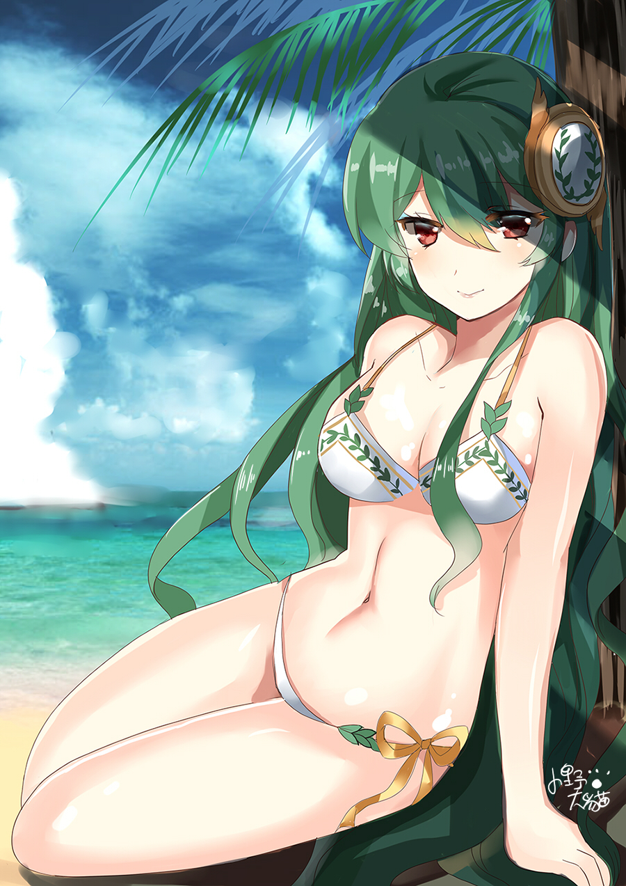 1girl, athena_(p&amp;d), beach, bikini, blush, breasts, cleavage, green_hair