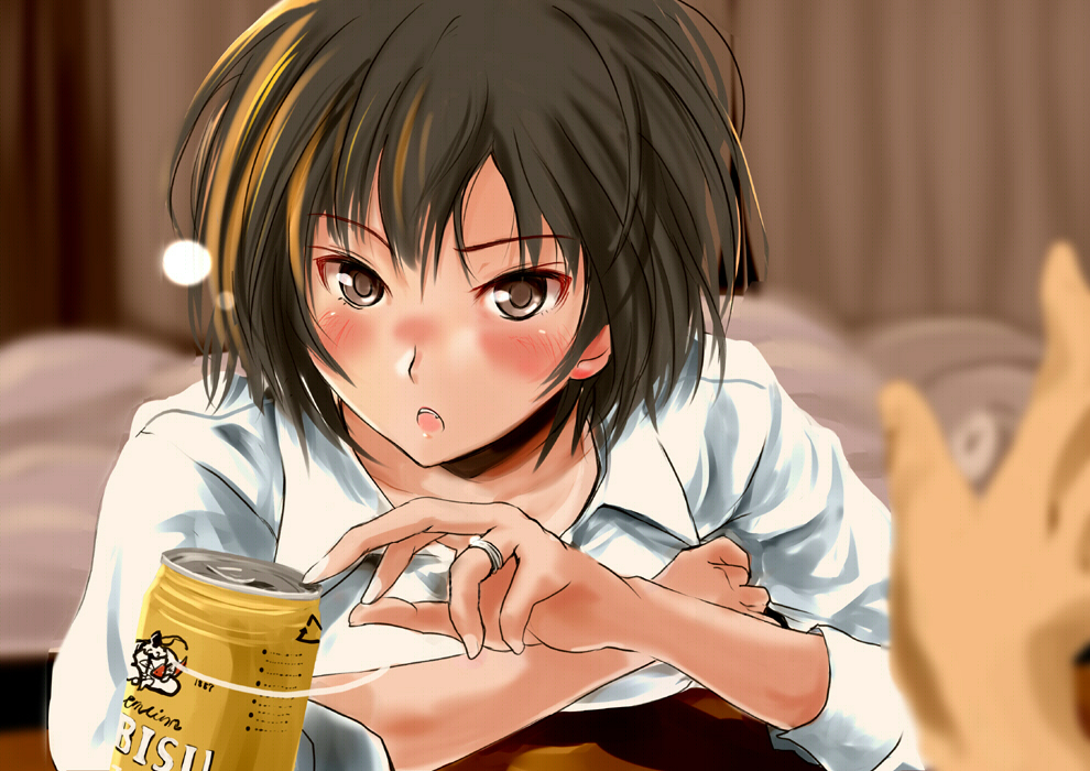 :o, alcohol, amagami, bed, beer, blush, brown_eyes, brown_hair