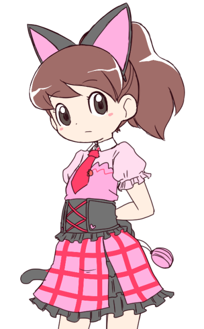 1girl, animal_ears, arms_behind_back, black_eyes, brown_hair, cat_ears, cat_tail, fake_animal_ears