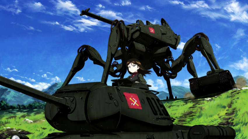 1girl, black_hair, blue_eyes, blue_sky, commentary_request, dust, emblem, girls_und_panzer, green_jacket, ground_vehicle, is-2, jacket, landscape, long_hair, long_sleeves, mecha, military, military_uniform, military_vehicle, motor_vehicle, neogeon, nonna, outdoors, red_shirt, shirt, sky, solo, sora_no_woto, symbol, takemikazuchi, tank, turtleneck, uniform, vest, walker