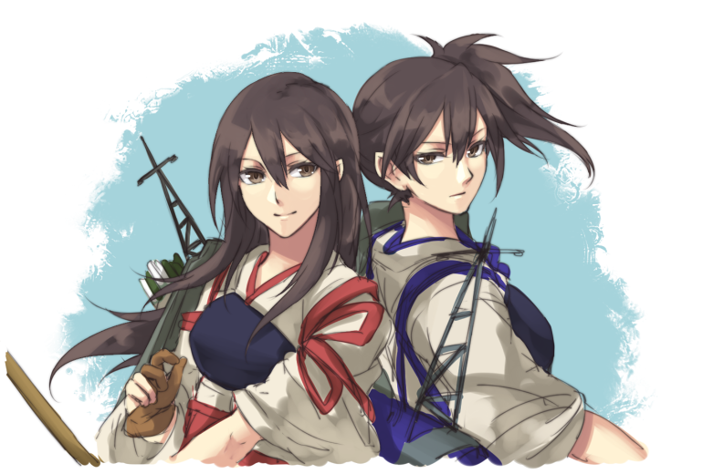 2girls, akagi_(kantai_collection), back-to-back, black_hair, brown_eyes, kaga_(kantai_collection), kantai_collection, long_hair