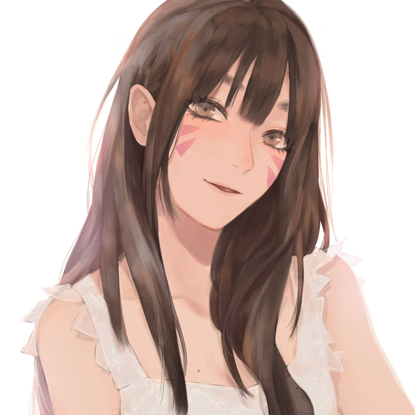 1girl, absurdres, bangs, bare_shoulders, brown_eyes, brown_hair, collarbone, d.va_(overwatch), dress, eyebrows, eyebrows_visible_through_hair, facepaint, facial_mark, highres, keikoku_(kujira), lips, long_hair, looking_at_viewer, mole, open_mouth, overwatch, pink_lips, simple_background, sleeveless, sleeveless_dress, smile, solo, upper_body, whisker_markings, white_background