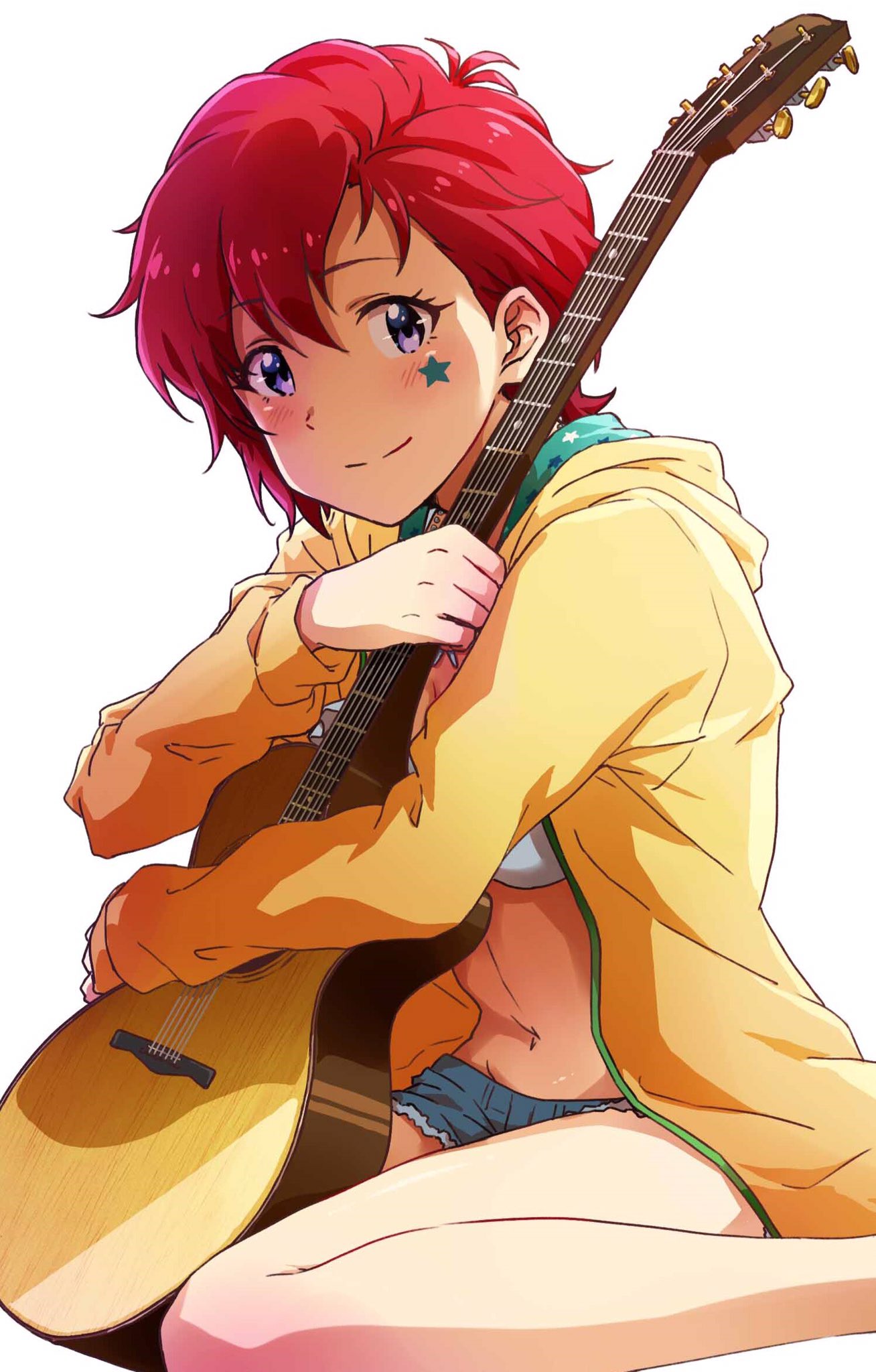 acoustic_guitar, ayano_yuu_(sonma_1426), bikini_top, blush, denim, denim_shorts, guitar, highres