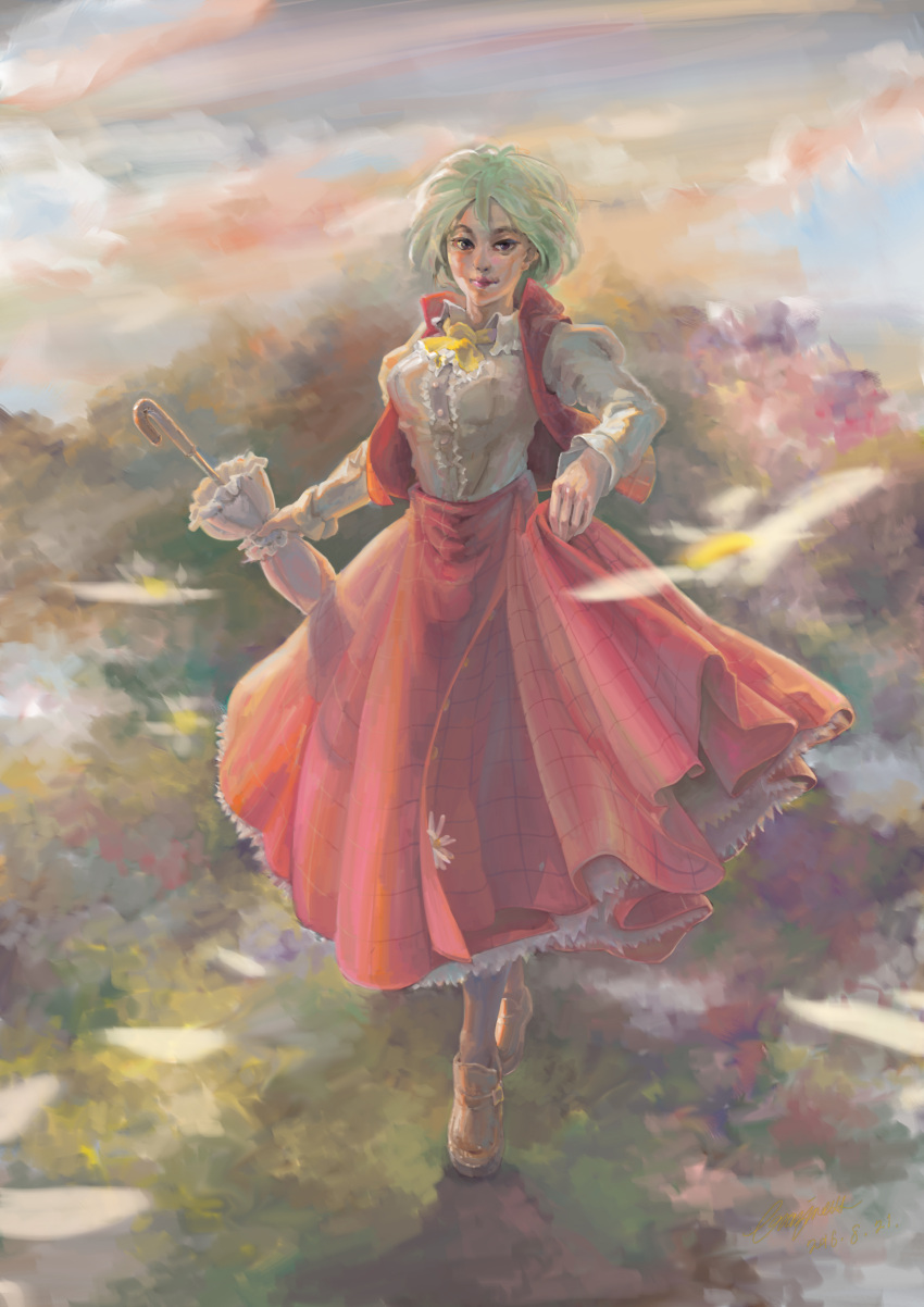 1girl, absurdres, backlighting, blurry, breasts, brown_shoes, closed_umbrella, clouds, collared_shirt, commentary_request, craziness, day, depth_of_field, dimples, flower, frilled_skirt, frills, green_hair, highres, holding, holding_umbrella, kazami_yuuka, lips, long_skirt, long_sleeves, looking_at_viewer, medium_breasts, no_legwear, nose, open_clothes, open_vest, parasol, plaid, plaid_skirt, plaid_vest, realistic, red_eyes, red_skirt, red_vest, shirt, shoes, short_hair, skirt, skirt_hold, skirt_set, solo, sunlight, touhou, umbrella, vest, walking, white_shirt, wind