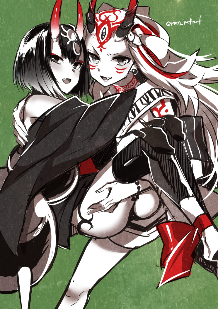 2girls, alpha_(eren_mfmf), ass, black_hair, carrying, fang_out, fate/grand_order, fate_(series)
