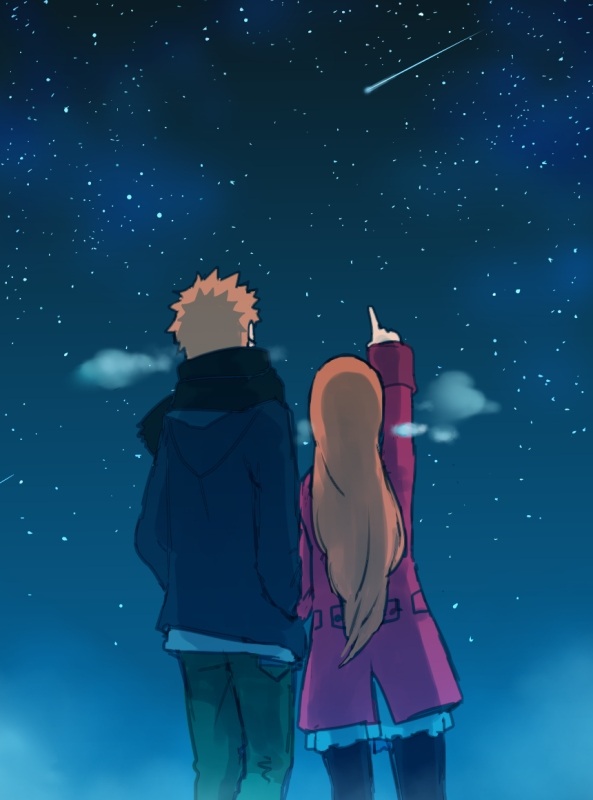 1boy, 1girl, bleach, coat, couple, inoue_orihime, jacket, kurosaki_ichigo, long_hair, meitarou, night, night_sky, orange_hair, pointing, pointing_up, scarf, shooting_star, sky, star_(sky), starry_sky, winter_clothes, winter_coat