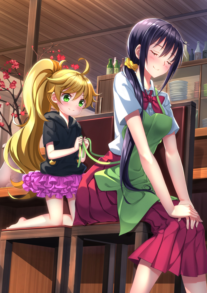 2girls, age_difference, amaama_to_inazuma, barefoot, black_hair, blush, brown_hair, casual