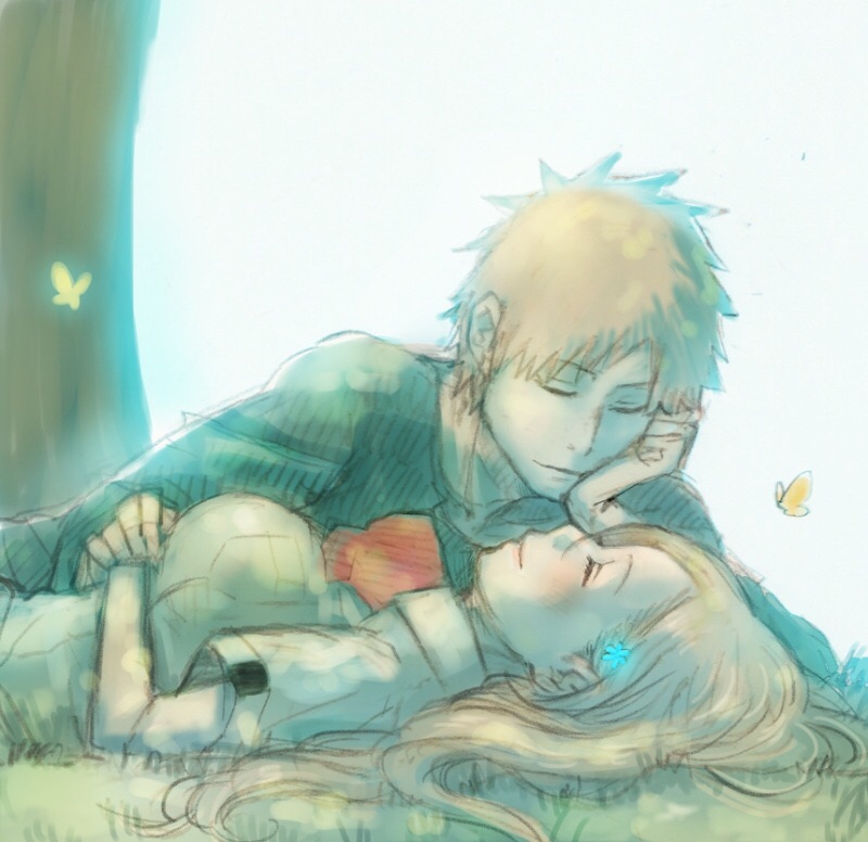 1boy, 1girl, bleach, breasts, butterfly, closed_eyes, hair_ornament, hairclip