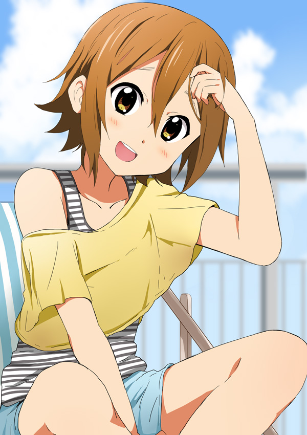1girl, alternate_hairstyle, between_legs, blush, brown_eyes, brown_hair, casual, hair_down
