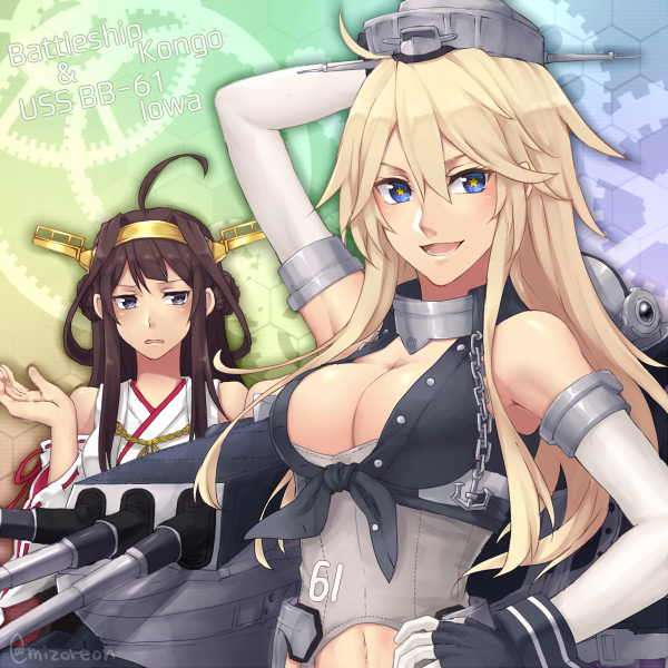 2girls, black_eyes, blonde_hair, blue_eyes, breasts, brown_hair, cannon, cleavage