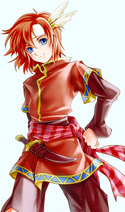 1boy, blue_background, blue_eyes, cheine, dagger, feathers, fire_emblem, fire_emblem:_mystery_of_the_emblem, headband, nemupon_(goodlucky), redhead, simple_background, solo, weapon