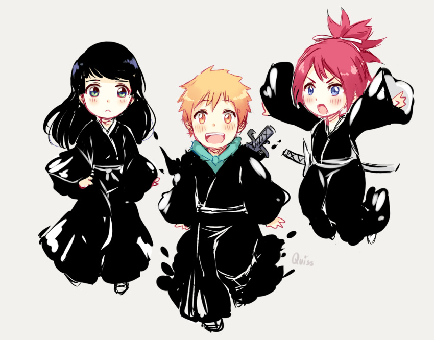 1boy, 2girls, :<, :d, :o, abarai_ichika, black_hair, bleach