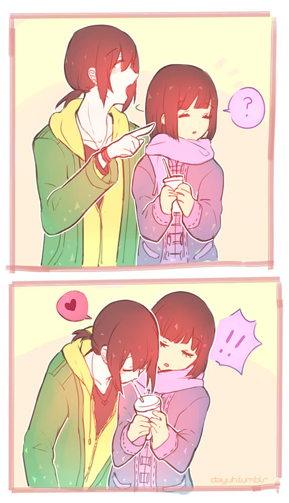 !!, 1boy, 1girl, ?, artist_name, bangs, blunt_bangs, brown_hair