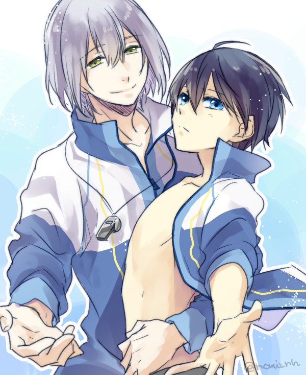 2boys, aoi_tomomi, black_hair, blue_eyes, green_eyes, high_speed!, looking_at_viewer, male_focus, multiple_boys, nanase_haruka_(free!), purple_hair, serizawa_nao