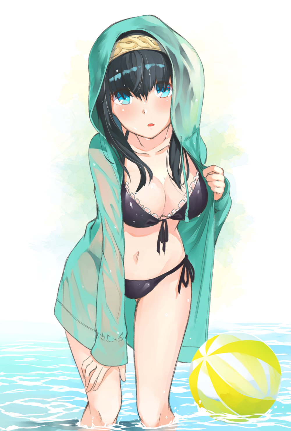 1girl, ball, beachball, bikini, black_hair, blue_eyes, breasts, collarbone