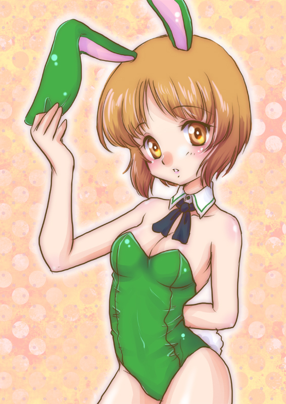 1girl, animal_ears, brown_eyes, brown_hair, bunny_girl, bunny_tail, bunnysuit, detached_collar