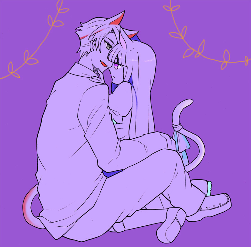animal_ears, cat_ears, cat_tail, collar, dress, frederica_bernkastel, jacket, long_hair, monochrome, ribbon, short_hair, tail, tiihatanono, umineko_no_naku_koro_ni, ushiromiya_battler