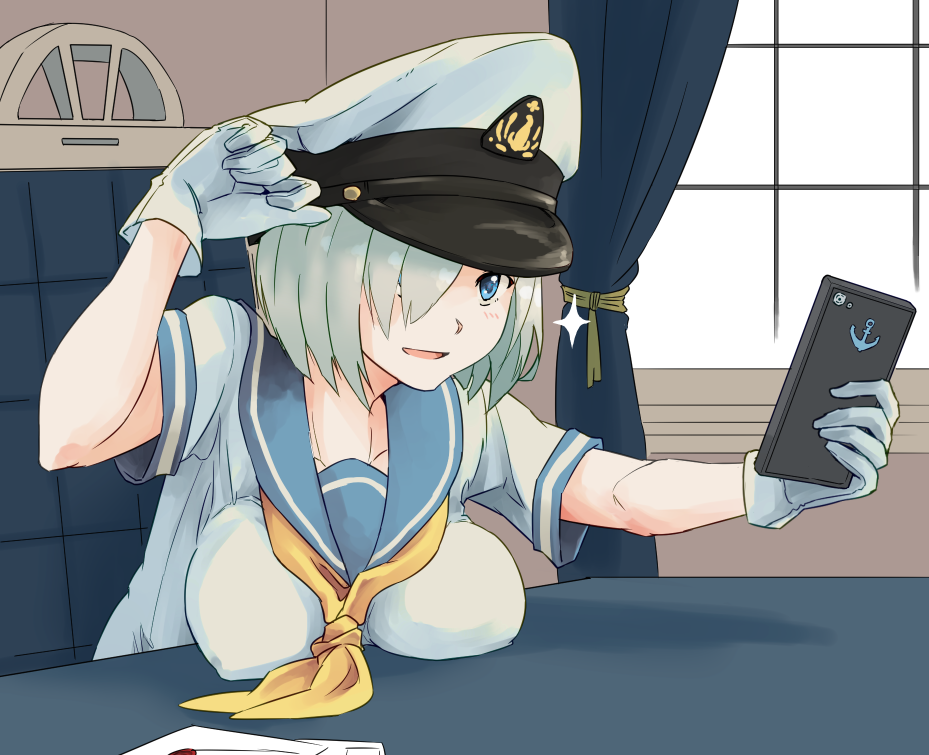 1girl, anchor_symbol, arm_up, blue_eyes, breast_rest, breasts, cellphone, chair