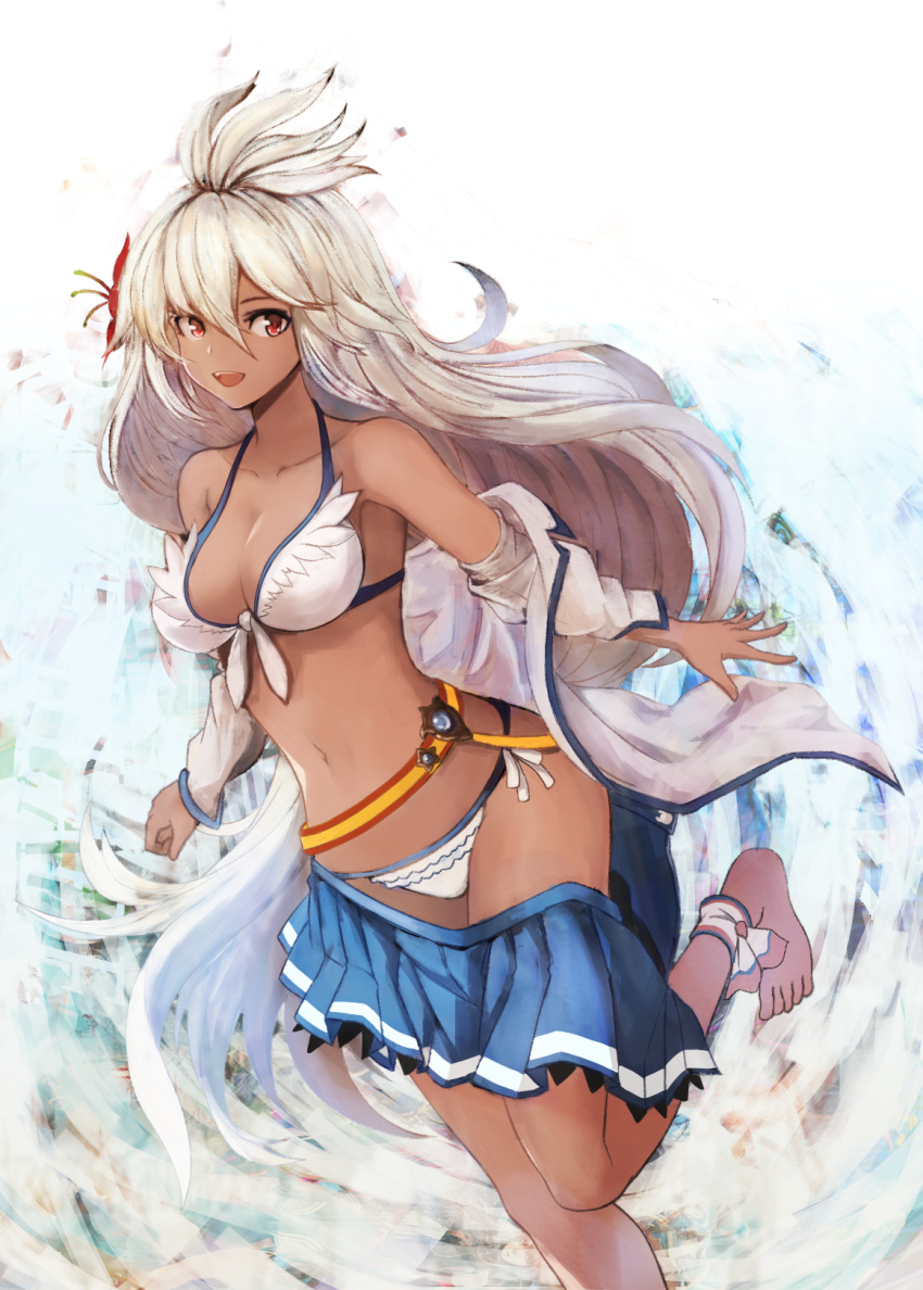 1girl, :d, anklet, bare_shoulders, barefoot, belt, bikini, breasts