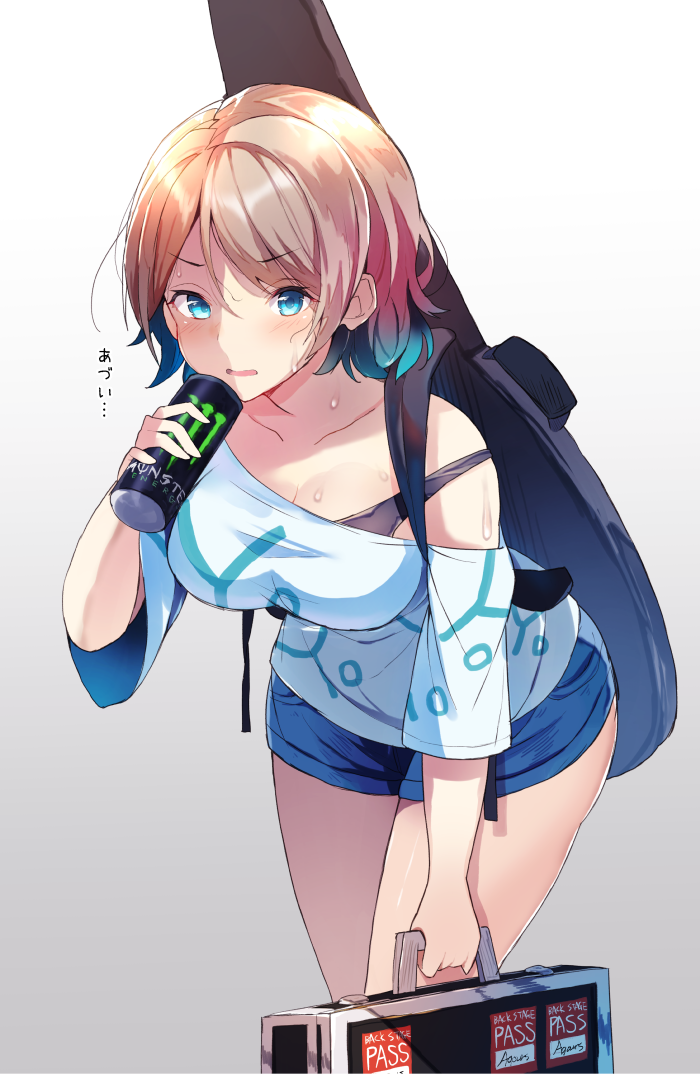 1girl, bare_shoulders, blue_eyes, blush, breasts, brown_hair, can, cleavage