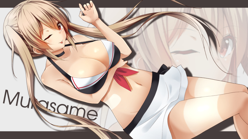 1girl, ;p, bare_shoulders, bikini_skirt, bikini_top, breast_rest, breasts, brown_eyes