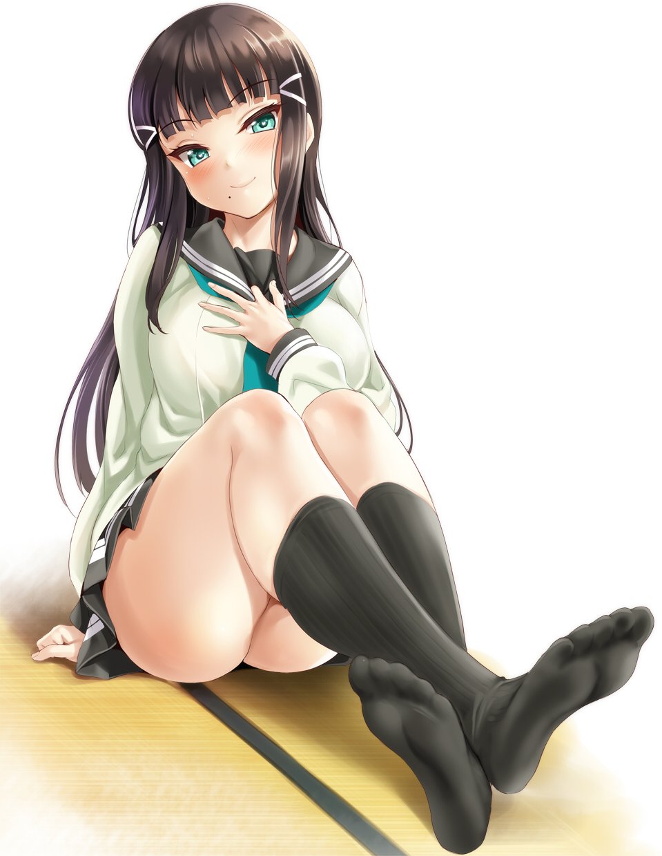 1girl, aqua_eyes, bangs, black_hair, black_legwear, blush, breasts, brown_hair