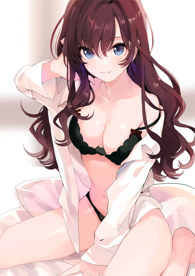 1girl, :3, bare_shoulders, black_bra, black_panties, blue_eyes, blush, bra
