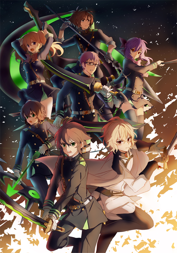 2girls, 5boys, arrow, black_ribbon, black_skirt, blonde_hair, bow_(weapon), brown_eyes, brown_hair, glasses, gloves, green_eyes, hair_between_eyes, hair_ribbon, hiiragi_shinoa, holding, holding_sword, holding_weapon, hyakuya_mikaela, hyakuya_yuuichirou, kagura_kurosaki, kimizuki_shihou, lance, long_hair, looking_at_viewer, multiple_boys, multiple_girls, narumi_makoto, open_mouth, owari_no_seraph, pleated_skirt, polearm, purple_hair, red_eyes, ribbon, sanguu_mitsuba, saotome_yoichi, short_hair, skirt, sword, twintails, uniform, weapon, white_gloves