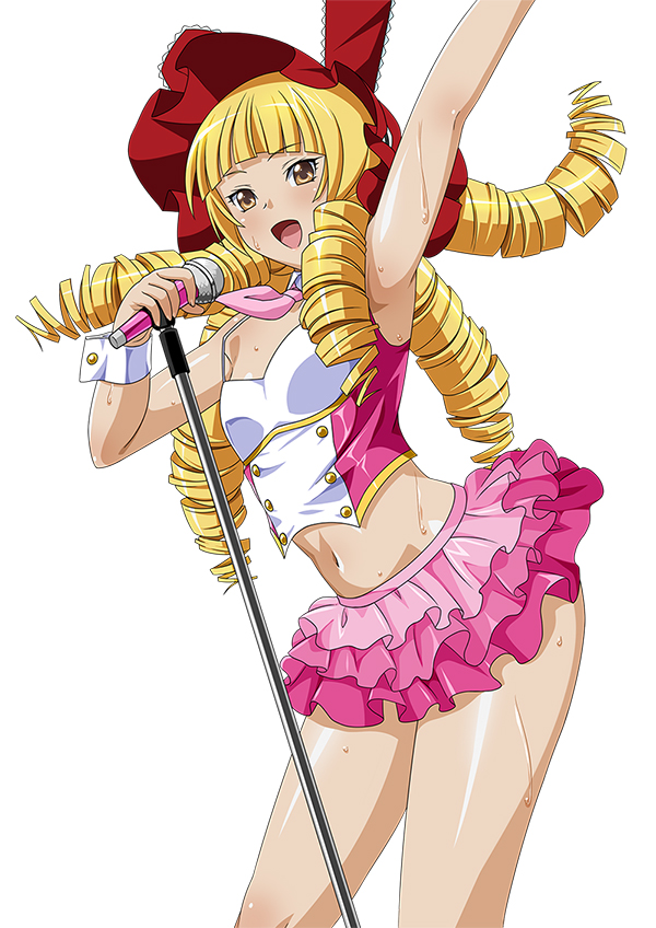 00s, 1girl, armpits, blonde_hair, drill_hair, flat_chest, frilled_skirt, frills
