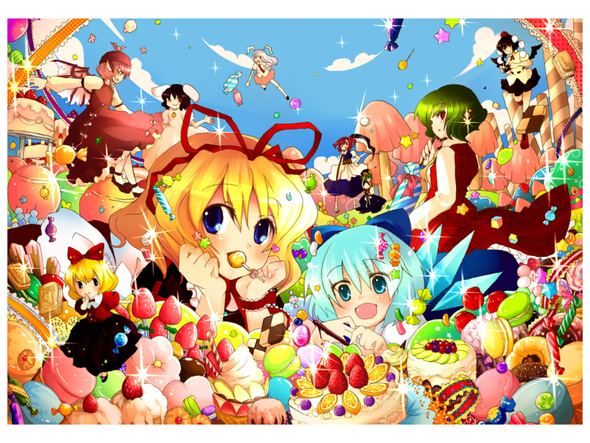ascot, cake, candy, checkerboard_cookie, cirno, colorful, cookie, everyone