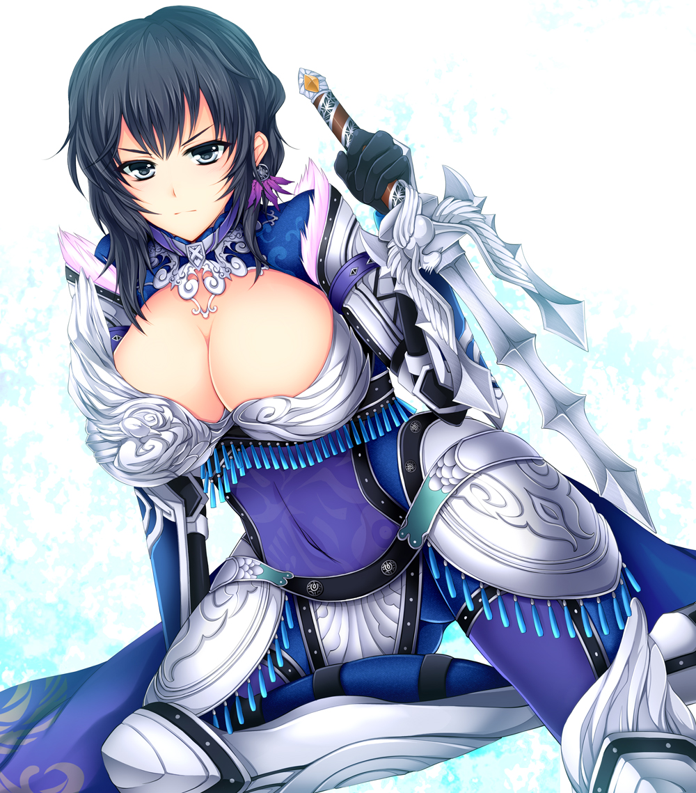 >:|, 1girl, arm_support, armor, armored_dress, black_gloves, black_hair, blue_hair