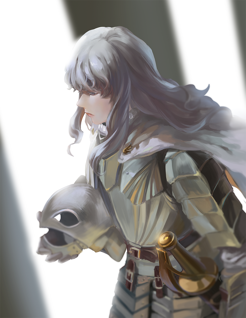 1boy, armor, berserk, blue_eyes, blurry, breastplate, cape, depth_of_field, faulds, griffith, helmet, lips, long_hair, male_focus, mr.jj, pauldrons, sheath, sheathed, sidelocks, solo, sword, weapon, white_hair
