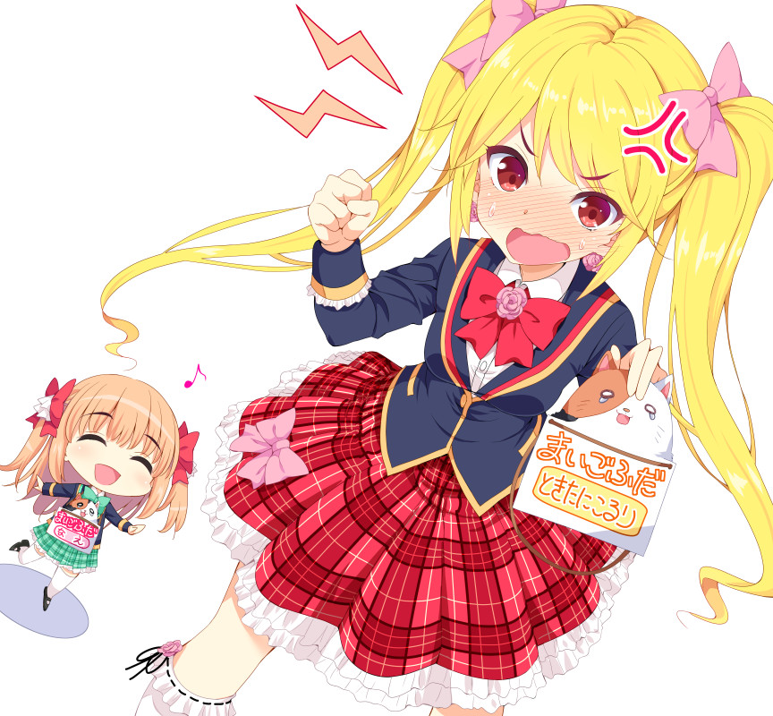 2girls, anger_vein, blonde_hair, blush, girlfriend_(kari), kneehighs, looking_at_viewer, multiple_girls