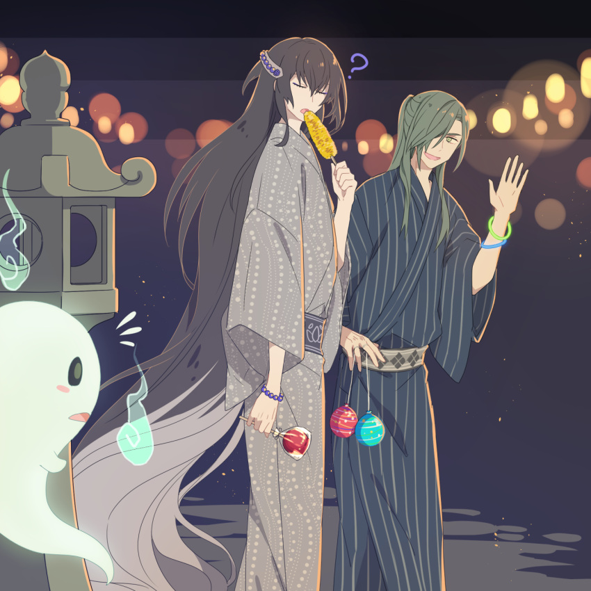 2boys, ?, black_hair, bracelet, candy_apple, closed_eyes, corn, ghost