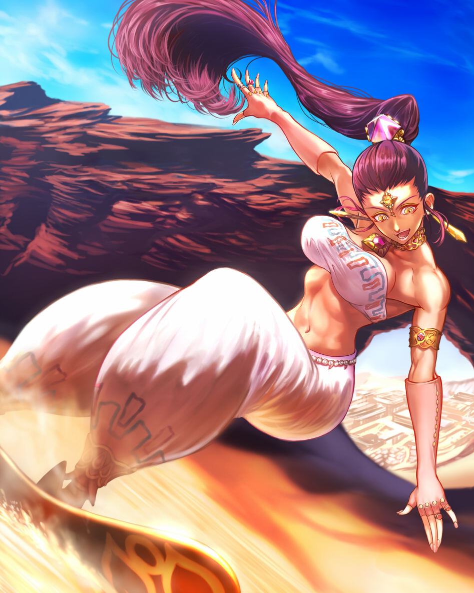 >:d, 1girl, :d, alternate_hair_color, armlet, baggy_pants, bandeau, bare_shoulders, beads, blue_sky, breasts, building, choker, dara, dark_skin, desert, earrings, fingerless_gloves, fingernails, floating_hair, forehead_jewel, gem, gloves, hair_ornament, humanization, jewelry, large_breasts, long_fingernails, long_hair, magatama, medium_breasts, midriff, motion_blur, nabooru, nail_polish, navel, necklace, open_mouth, outdoors, outstretched_arms, pants, pendant, pink_gloves, pink_nails, pink_pants, pointy_shoes, ponytail, purple_hair, ring, sand, shade, shoes, sky, smile, solo, spread_arms, strapless, sunlight, surfboard, surfing, the_legend_of_zelda, the_legend_of_zelda:_ocarina_of_time, toned, tubetop, very_long_hair, white_nails, yellow_eyes