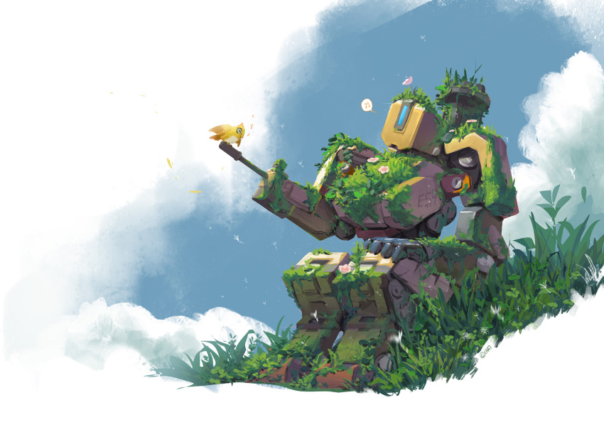 animal, bastion_(overwatch), chain_gun, clouds, cloudy_sky, dandelion, dirty, flower, flower_on_head, ganymede_(overwatch), gatling_gun, grass, grassy, gun, hand_on_own_knee, happy, highres, machine_gun, minigun, musical_note, no_humans, overwatch, plant, quaver, rifle, robot, scratches, sitting, sky, weapon