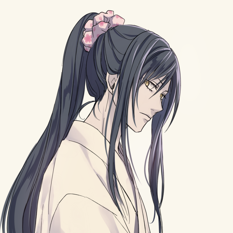 1boy, black_hair, honegai, japanese_clothes, male_focus, personification, ponytail, scrunchie