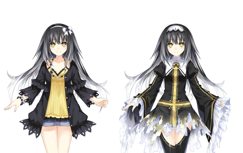 1girl, arusu_marina, black_hair, date_a_live, detached_sleeves, dress, hair_ribbon, jewelry