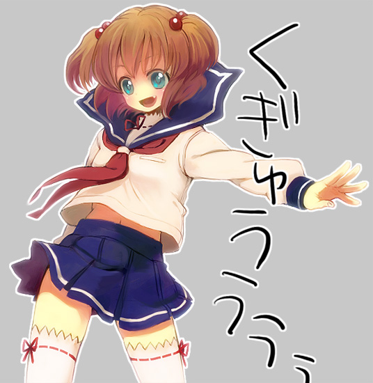 bad_id, blue_eyes, blush, brown_hair, fang, hair_bobbles, hair_ornament, kataoka_yuuki