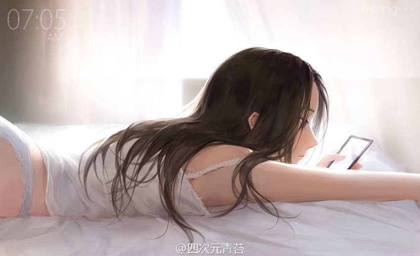 1girl, ass, bed_sheet, black_hair, brown_eyes, camisole, cellphone, curtains