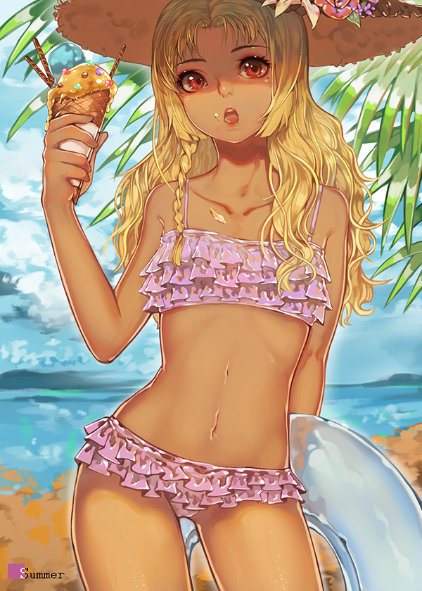 1girl, bangs, bare_arms, beach, bikini, blush, braid, candy, clouds, collarbone, contrapposto, cowboy_shot, dark_skin, english, eyelashes, flat_chest, flower, food, food_on_face, frilled_bikini, frills, hat, hat_flower, holding, holding_food, ice_cream, ice_cream_cone, innertube, jelly_bean, long_hair, looking_away, melting, mole, mole_under_eye, navel, open_mouth, original, palm_tree, pink_bikini, pocky, red_eyes, red_lips, rino_(1992085710), shade, single_braid, sky, soft_serve, solo, stomach, straw_hat, summer, swimsuit, tree, wavy_hair
