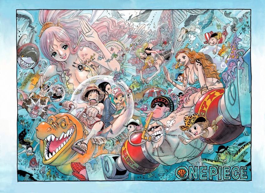 6+boys, 6+girls, aqua_eyes, bikini_top, black_hair, blonde_hair, blue_hair, brook