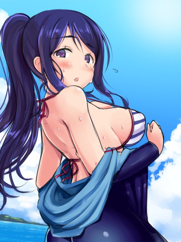 1girl, ass, bare_shoulders, bikini, blue_hair, blush, breasts, clouds