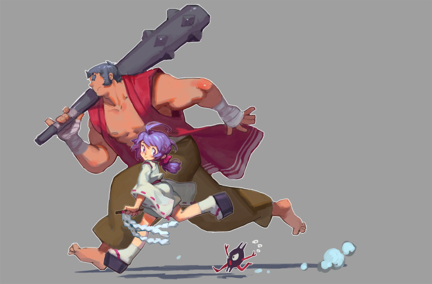 1boy, 1girl, ahoge, akari_ichijou, bakumatsu_rouman, barefoot, black_hair, club