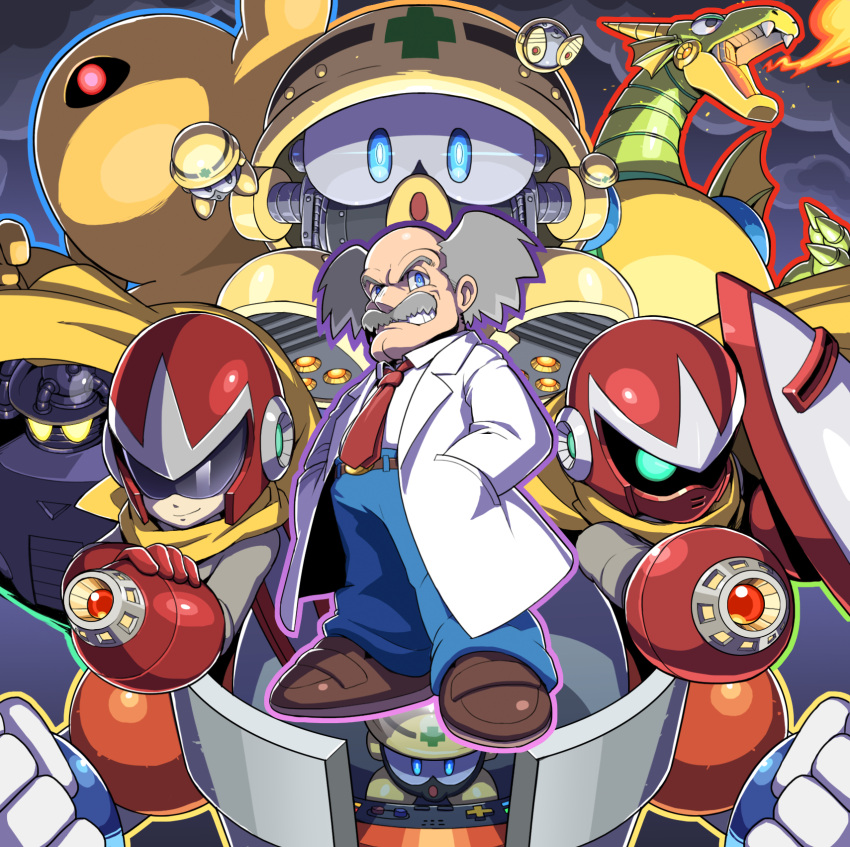 1boy, albert_w_wily, android, arm_cannon, bald, belt, blue_eyes, blue_pants