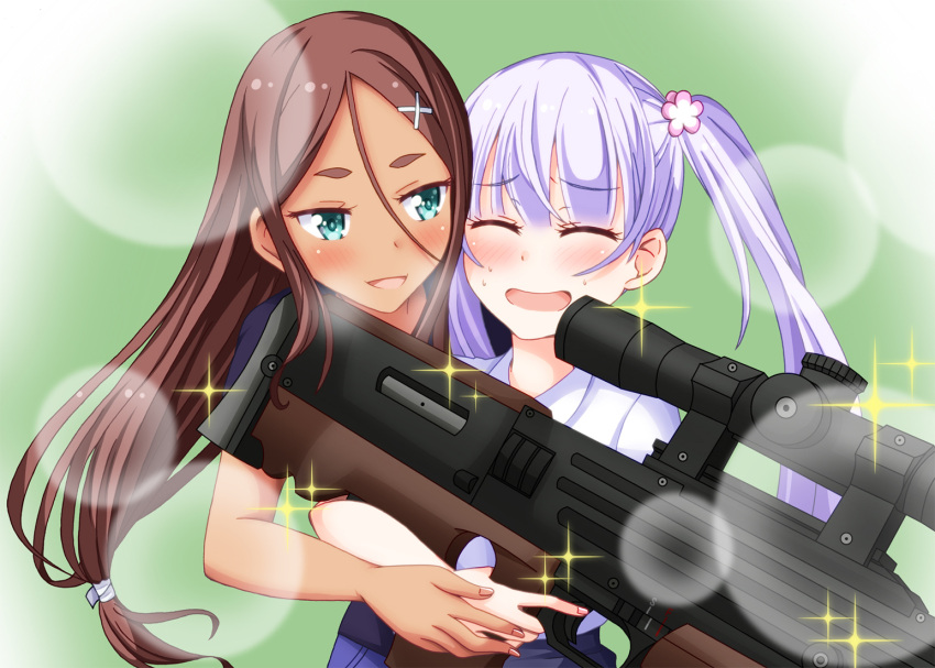 2girls, ahagon_umiko, airsoft, bullpup, closed_eyes, commentary_request, dark_skin, flower