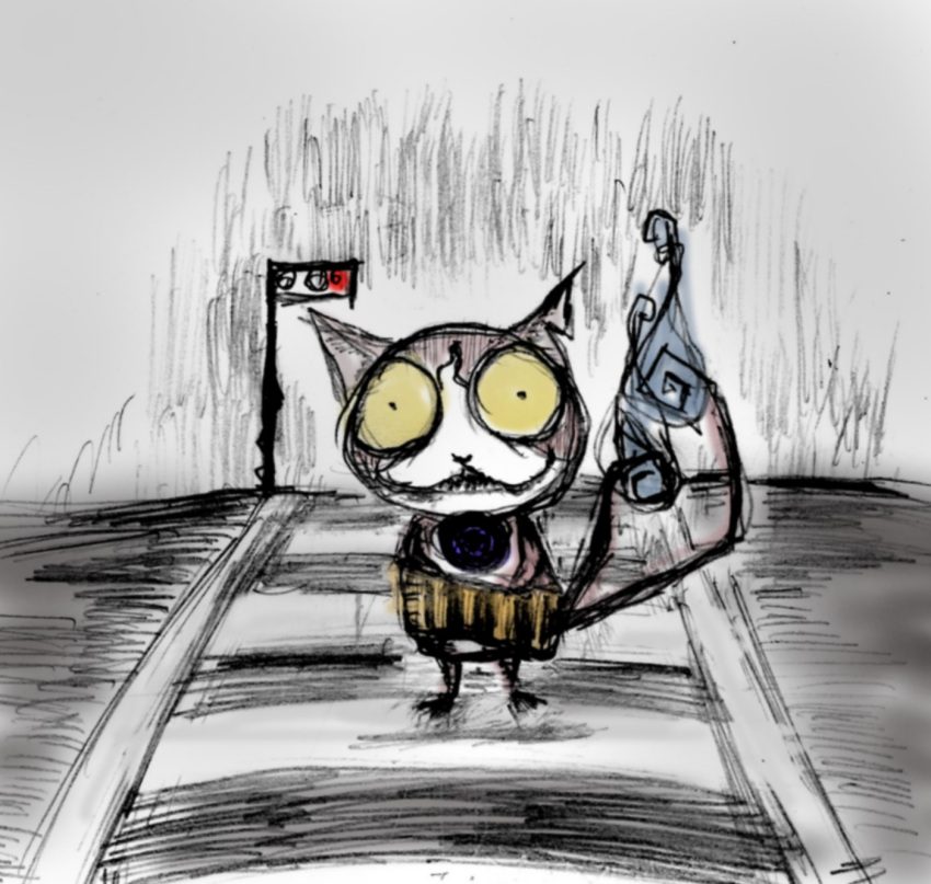 cat, crosswalk, haramaki, highres, jibanyan, multiple_tails, nimo_(happytf), no_humans, notched_ear, parody, solo, style_parody, tail, tim_burton_(style), two_tails, youkai, youkai_watch