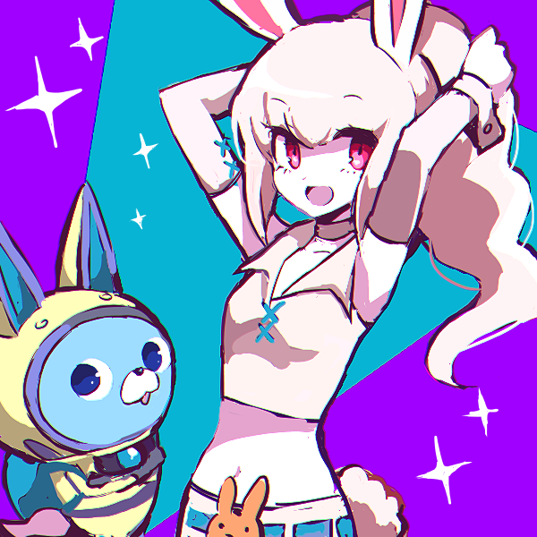 1girl, animal_ears, arms_up, crossed_arms, helmet, high_ponytail, long_hair, midriff