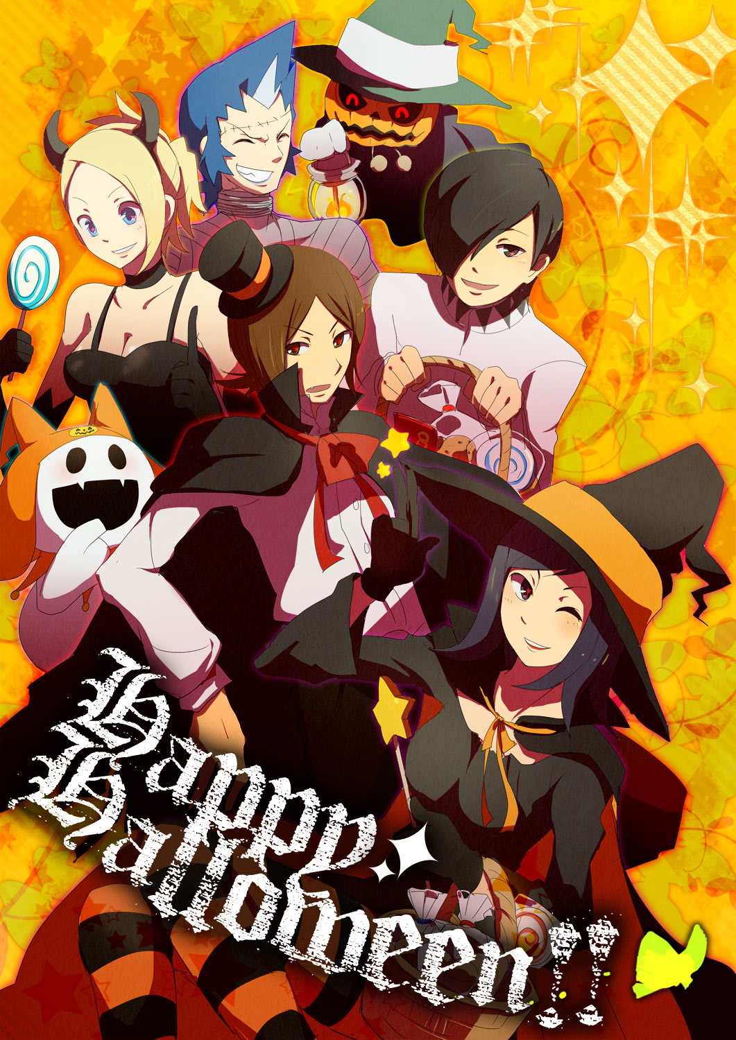 2girls, amano_maya, blonde_hair, blue_eyes, breasts, cleavage, halloween, highres