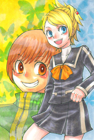 2girls, breasts, brown_hair, crossover, hachiko_(murasaki_no_neko), jacket, lisa_silverman, multiple_girls, persona, persona_2, persona_4, satonaka_chie, school_uniform, short_hair, smile, tomboy, track_jacket